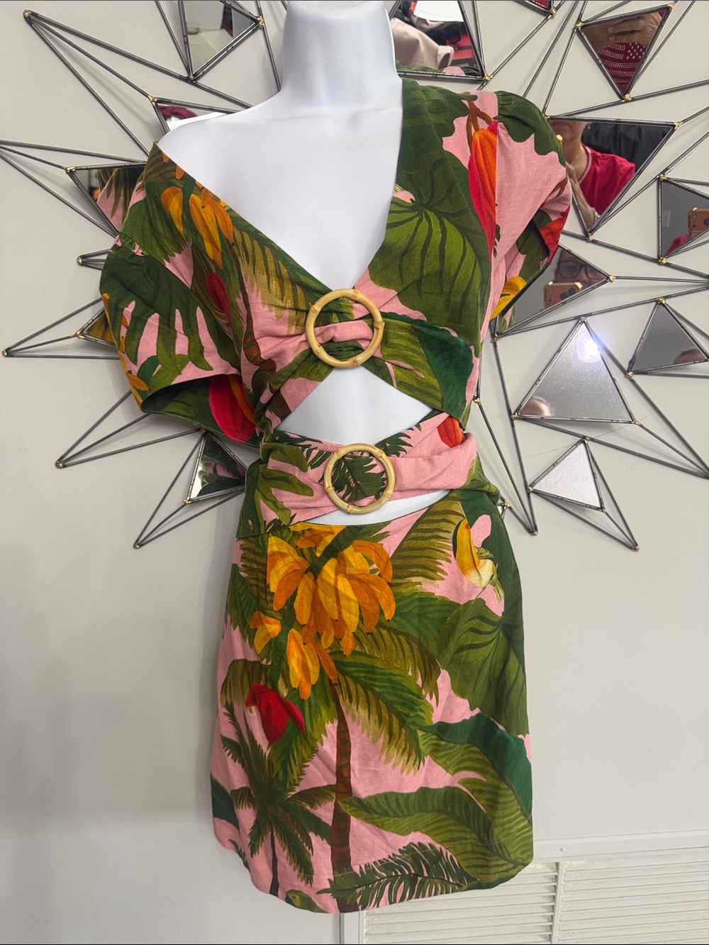 FARM Rio Pink & Green Tropical Cutout Mini Dress with Rings